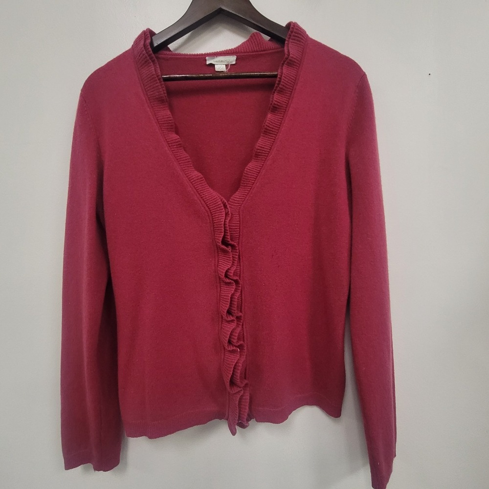Garnet Hill Womens Button Up Cashmere Cardigan Size L Pink Ruffle Tight Knit
